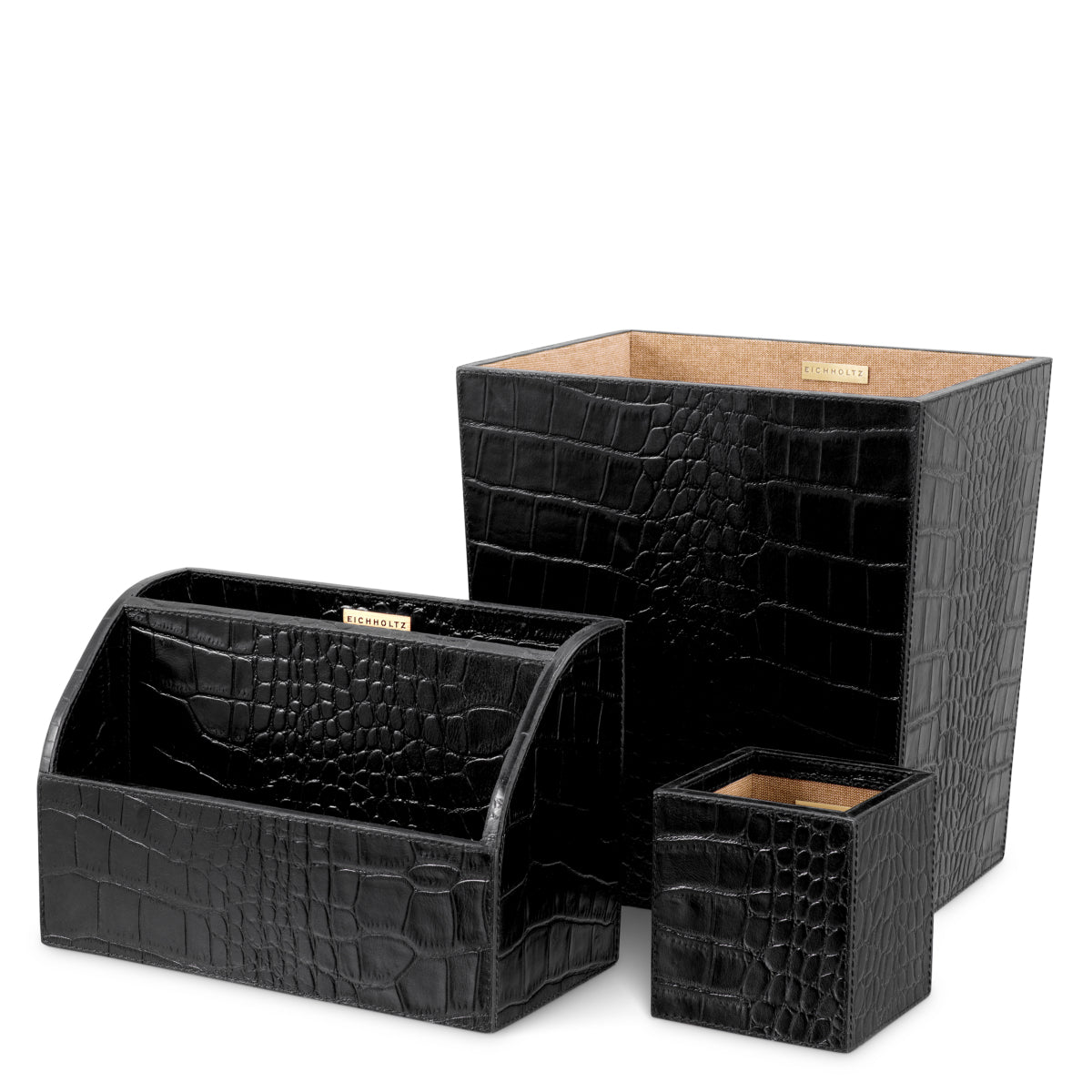 Desk Set Scaleo croco embossed black leather set of 3