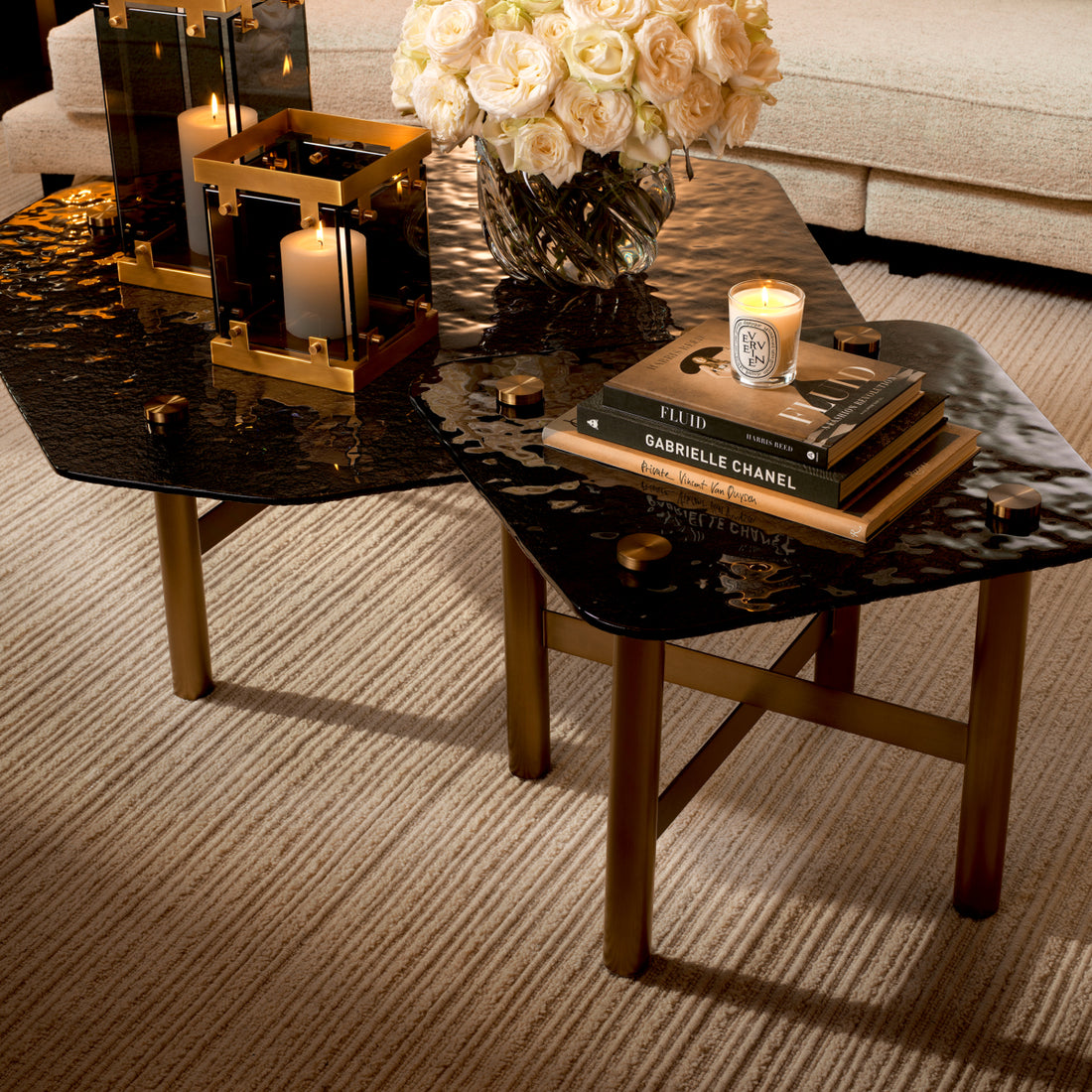 Coffee Table Cortes brushed brass finish casted smoke glass